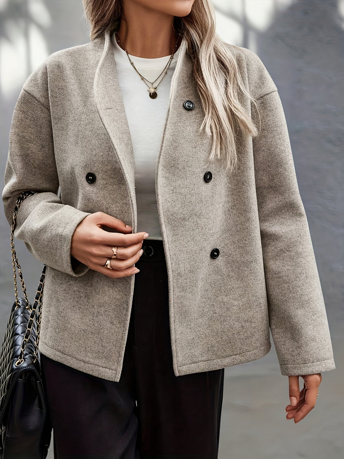 Nira | Women's Cropped Wool Peacoat - Stand Collar Double Breasted Coat