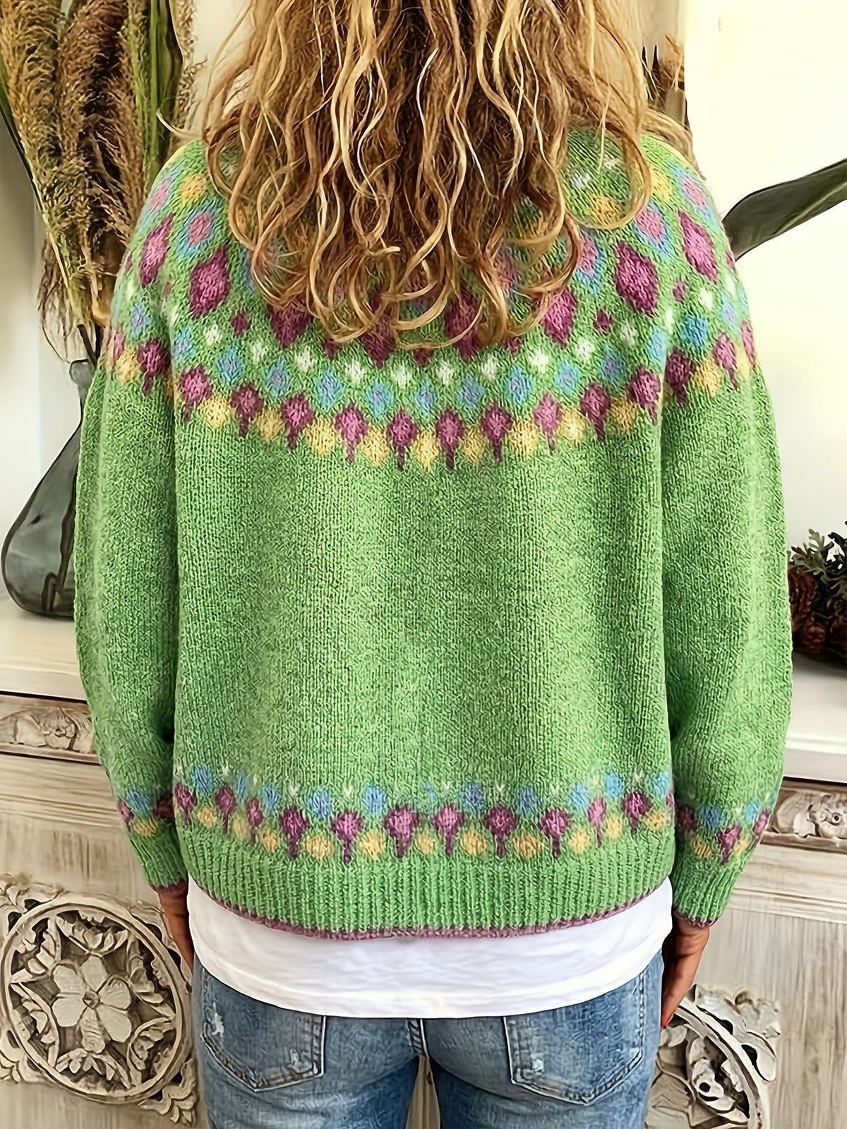 Esme | Women's Nordic Patterned Cardigan - Button Front V-Neck
