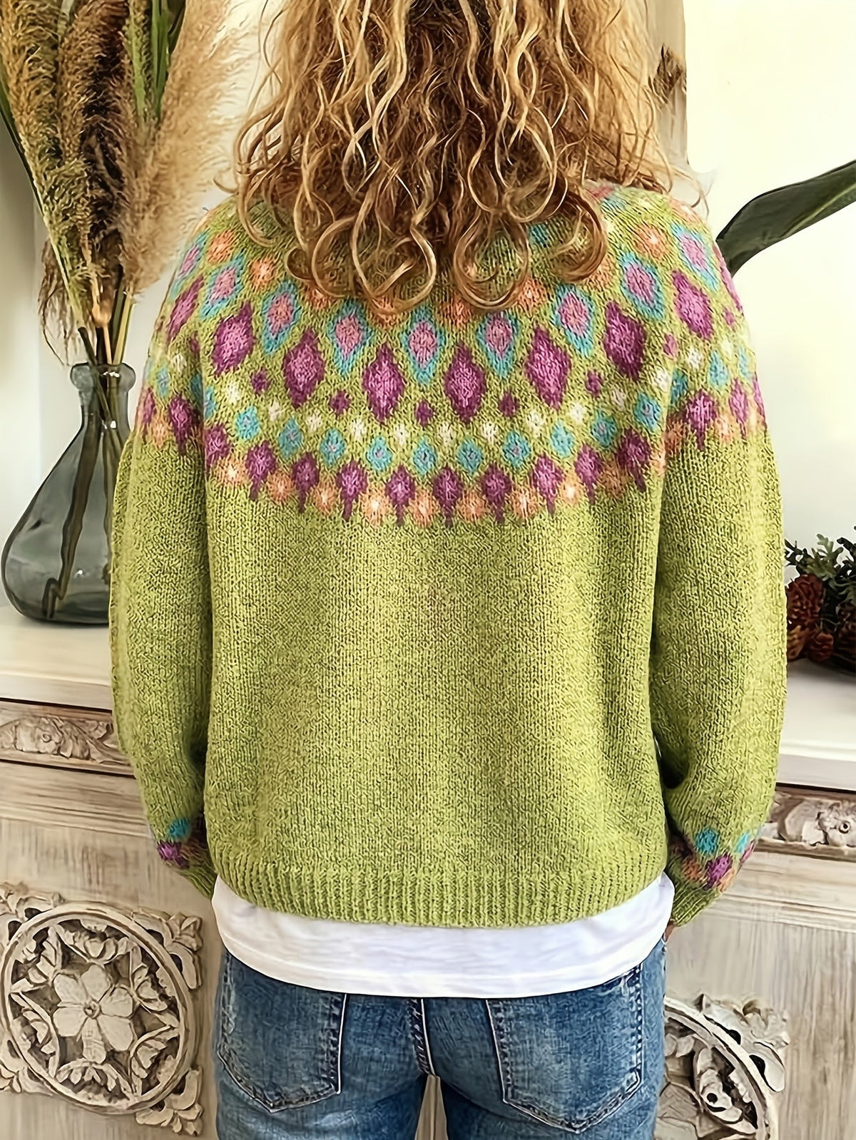 Esme | Women's Nordic Patterned Cardigan - Button Front V-Neck