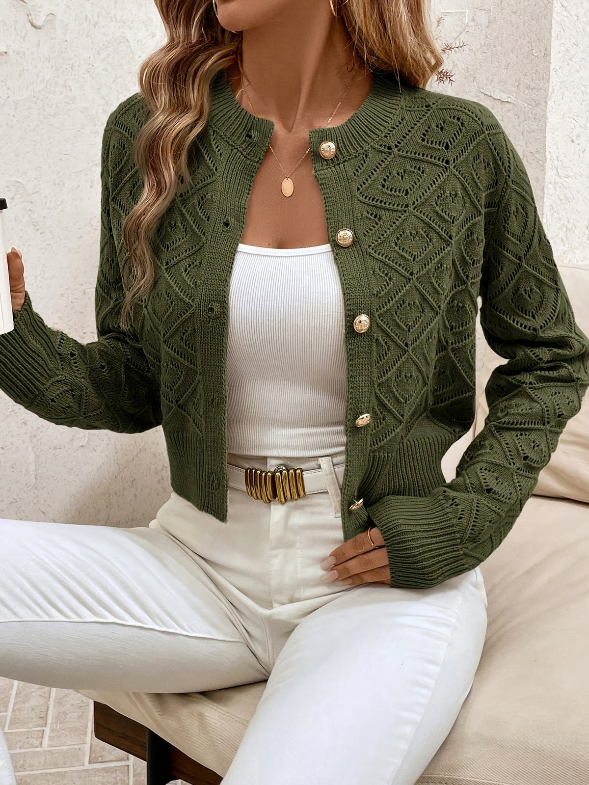 Della | Women's Cropped Cardigan - Diamond Textured Button Front