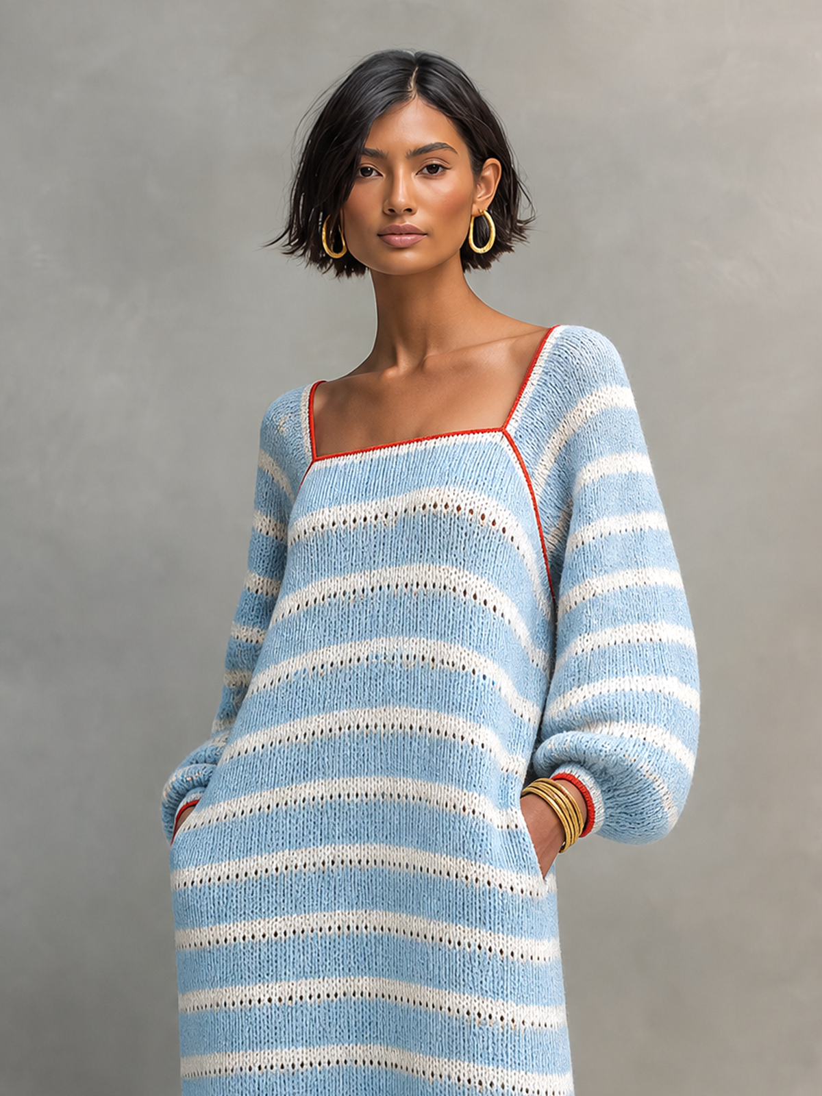 Vida | Women's Striped Knit Sweater Dress - Square Neck Long Sleeve