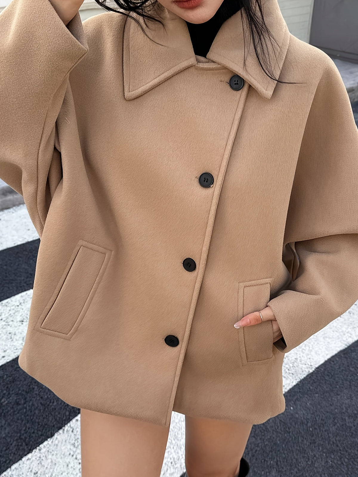 Neve | Women's Oversized Wool Peacoat - Notch Collar Batwing Sleeve Coat