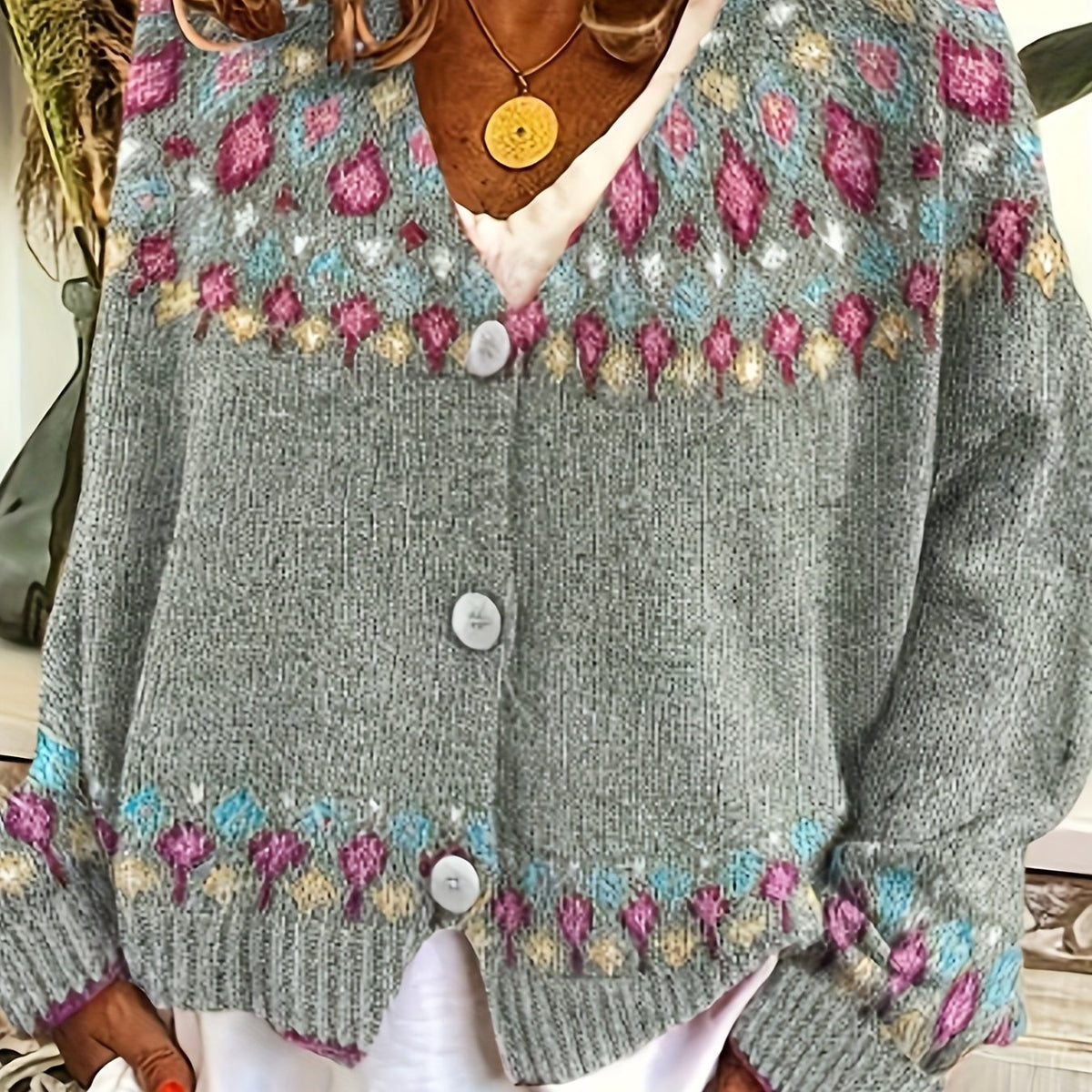 Esme | Women's Nordic Patterned Cardigan - Button Front V-Neck