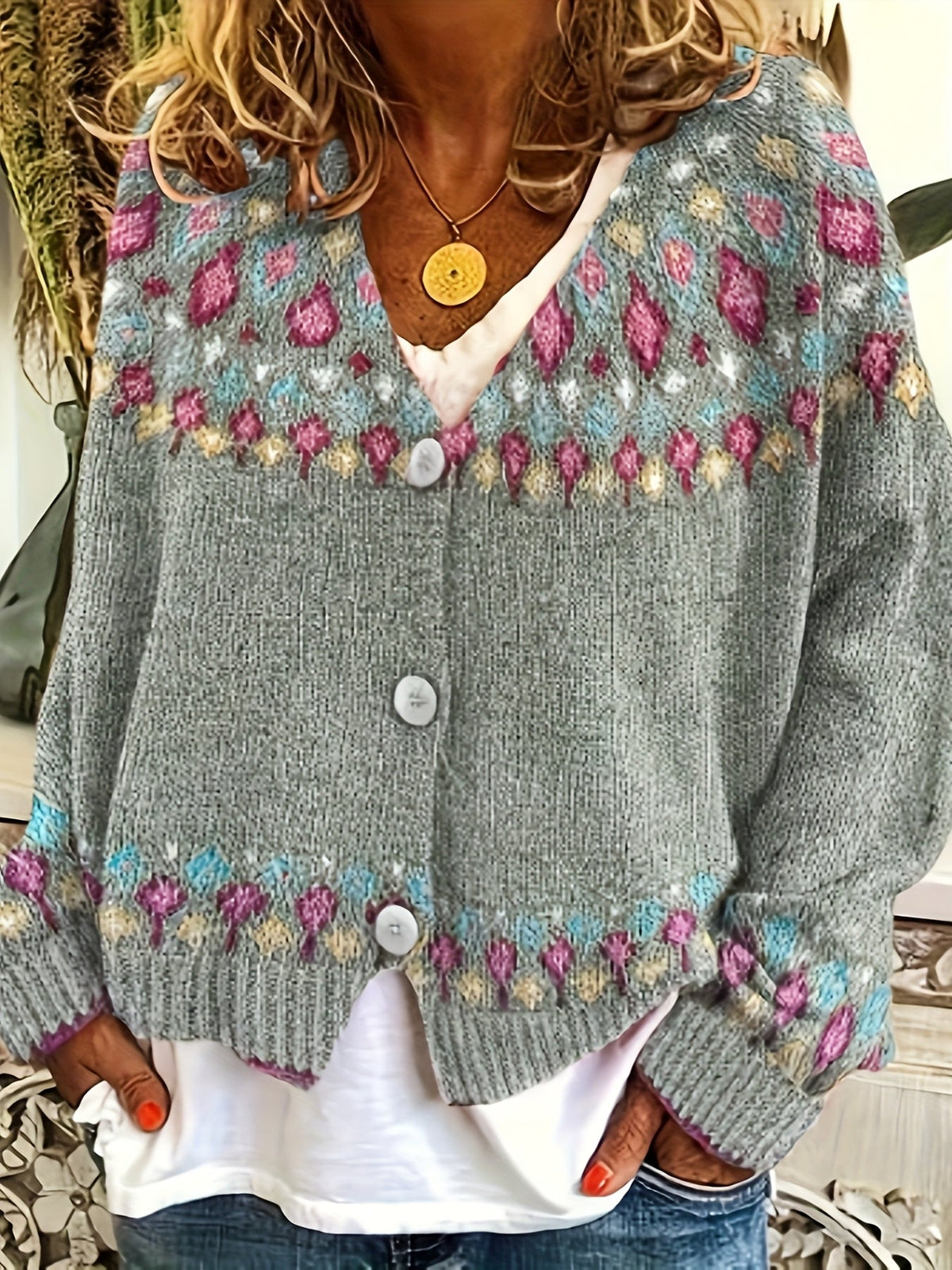 Esme | Women's Nordic Patterned Cardigan - Button Front V-Neck