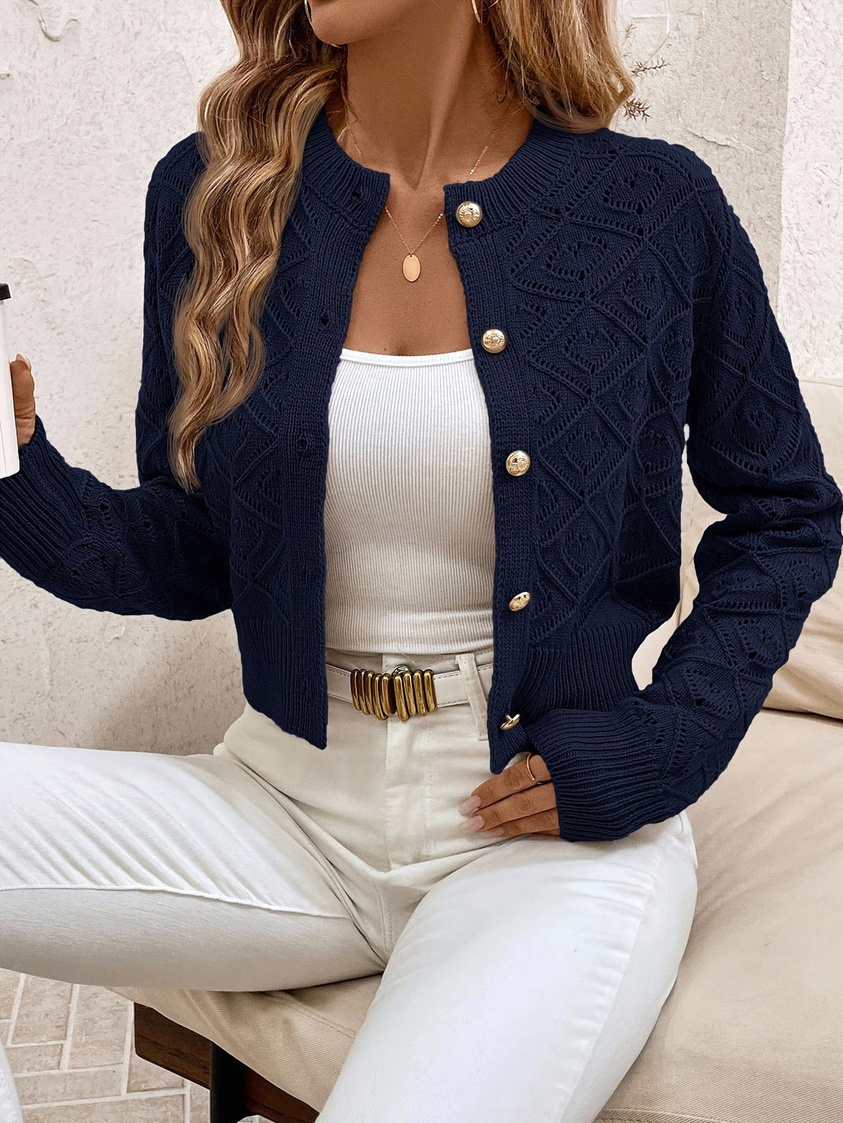 Della | Women's Cropped Cardigan - Diamond Textured Button Front