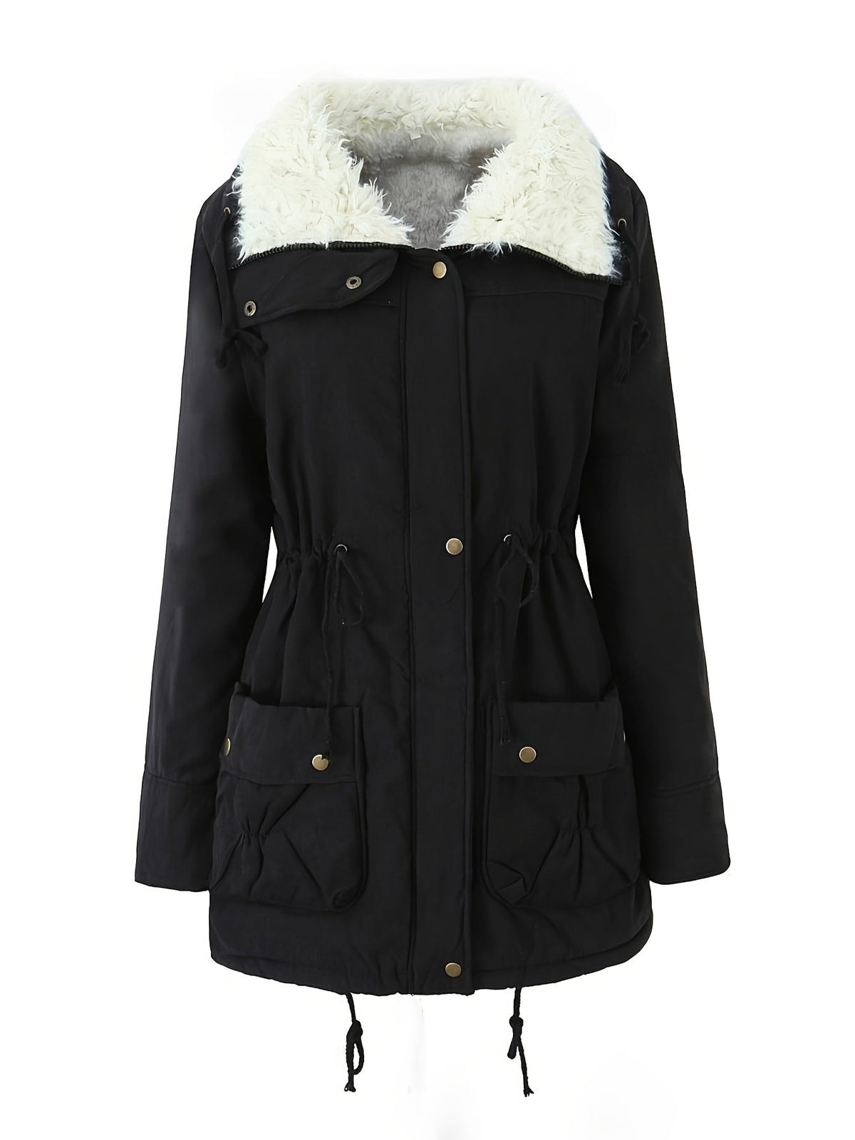 Carolyn | Women's Mid-Length Parka - Fold-Over Collar Drawstring Waist
