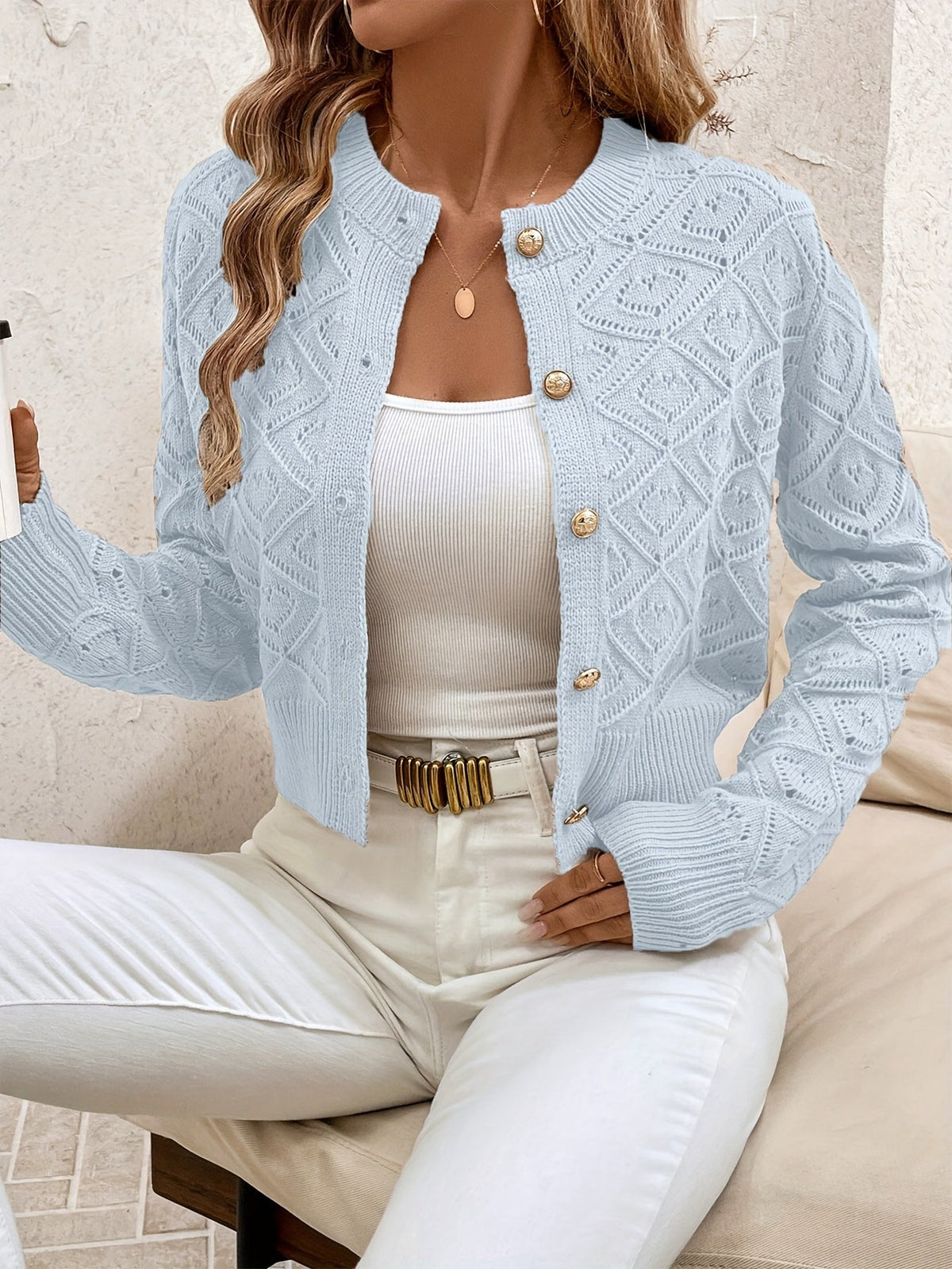 Della | Women's Cropped Cardigan - Diamond Textured Button Front