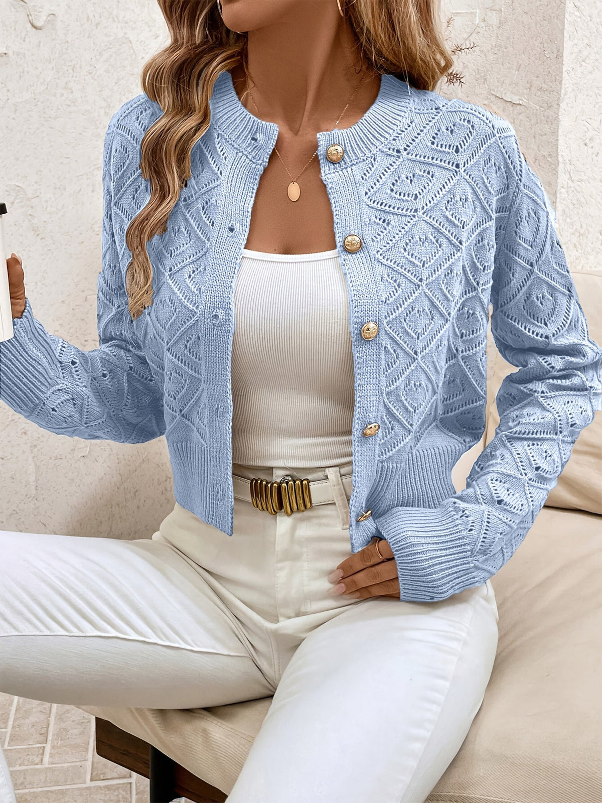 Della | Women's Cropped Cardigan - Diamond Textured Button Front