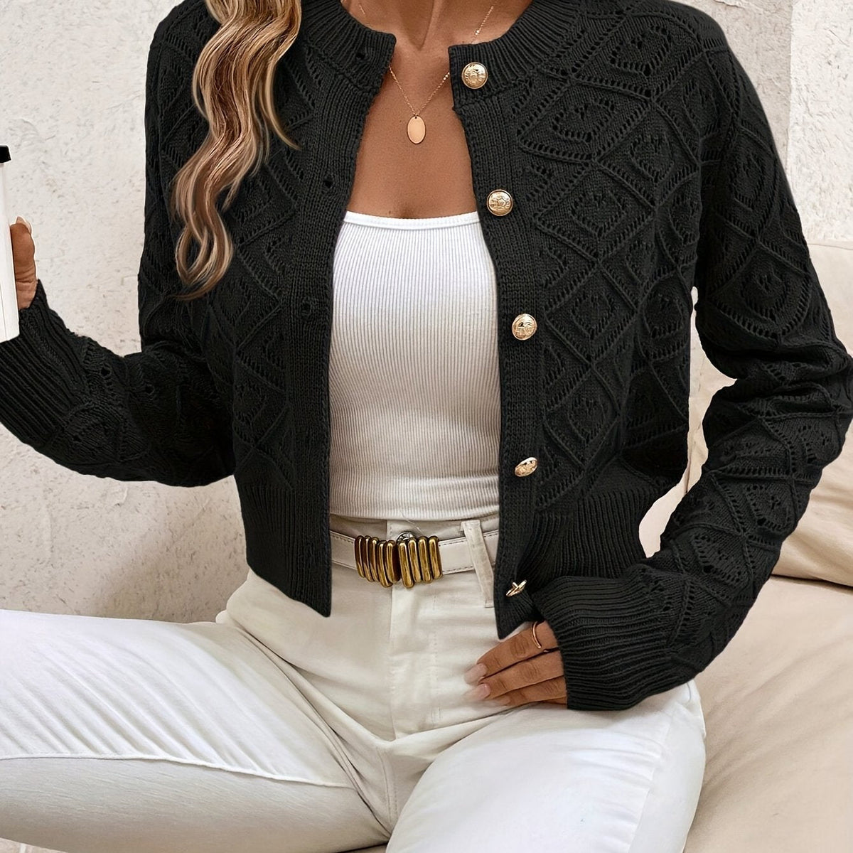 Della | Women's Cropped Cardigan - Diamond Textured Button Front
