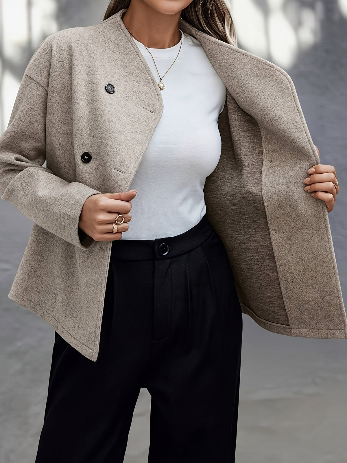 Nira | Women's Cropped Wool Peacoat - Stand Collar Double Breasted Coat