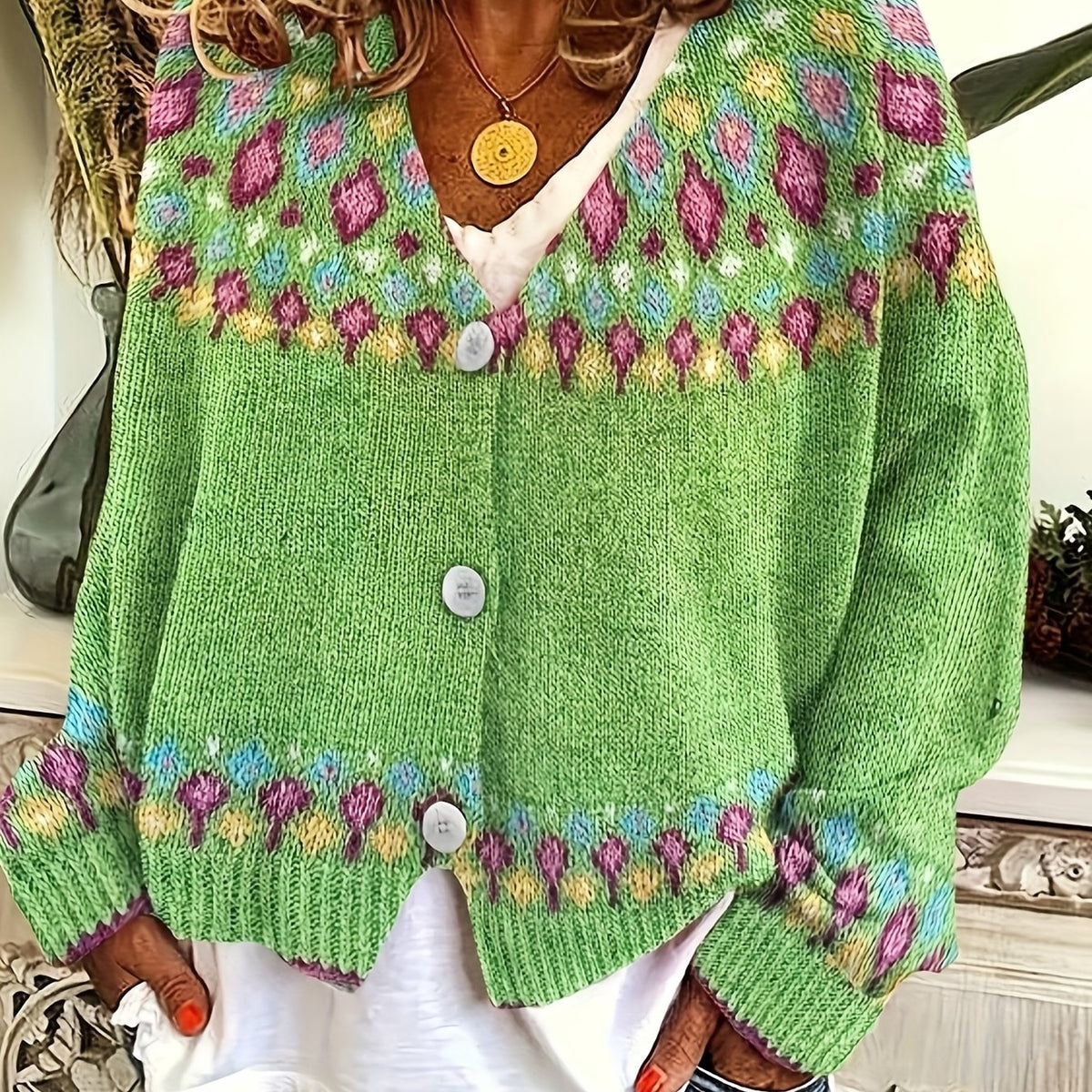 Esme | Women's Nordic Patterned Cardigan - Button Front V-Neck
