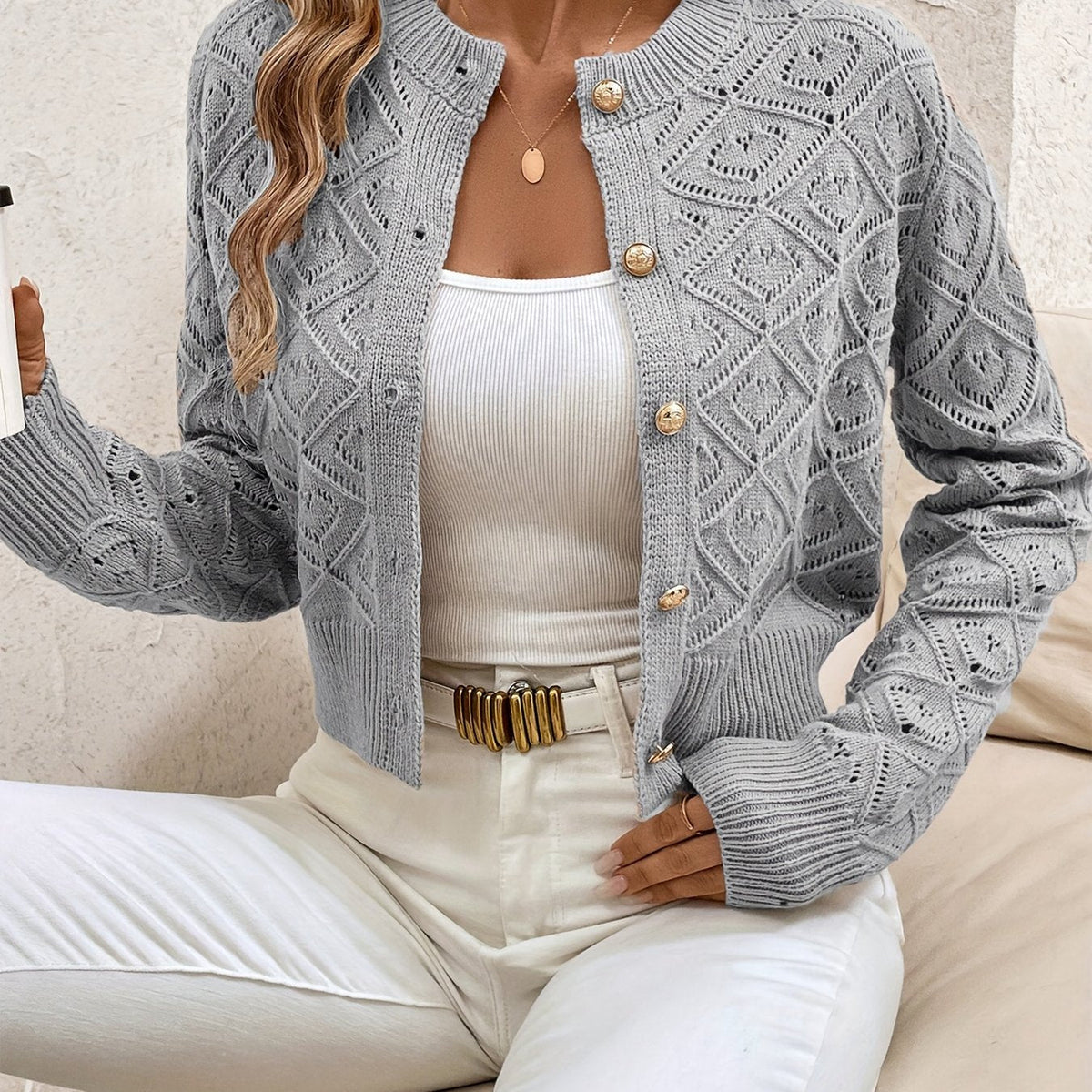 Della | Women's Cropped Cardigan - Diamond Textured Button Front