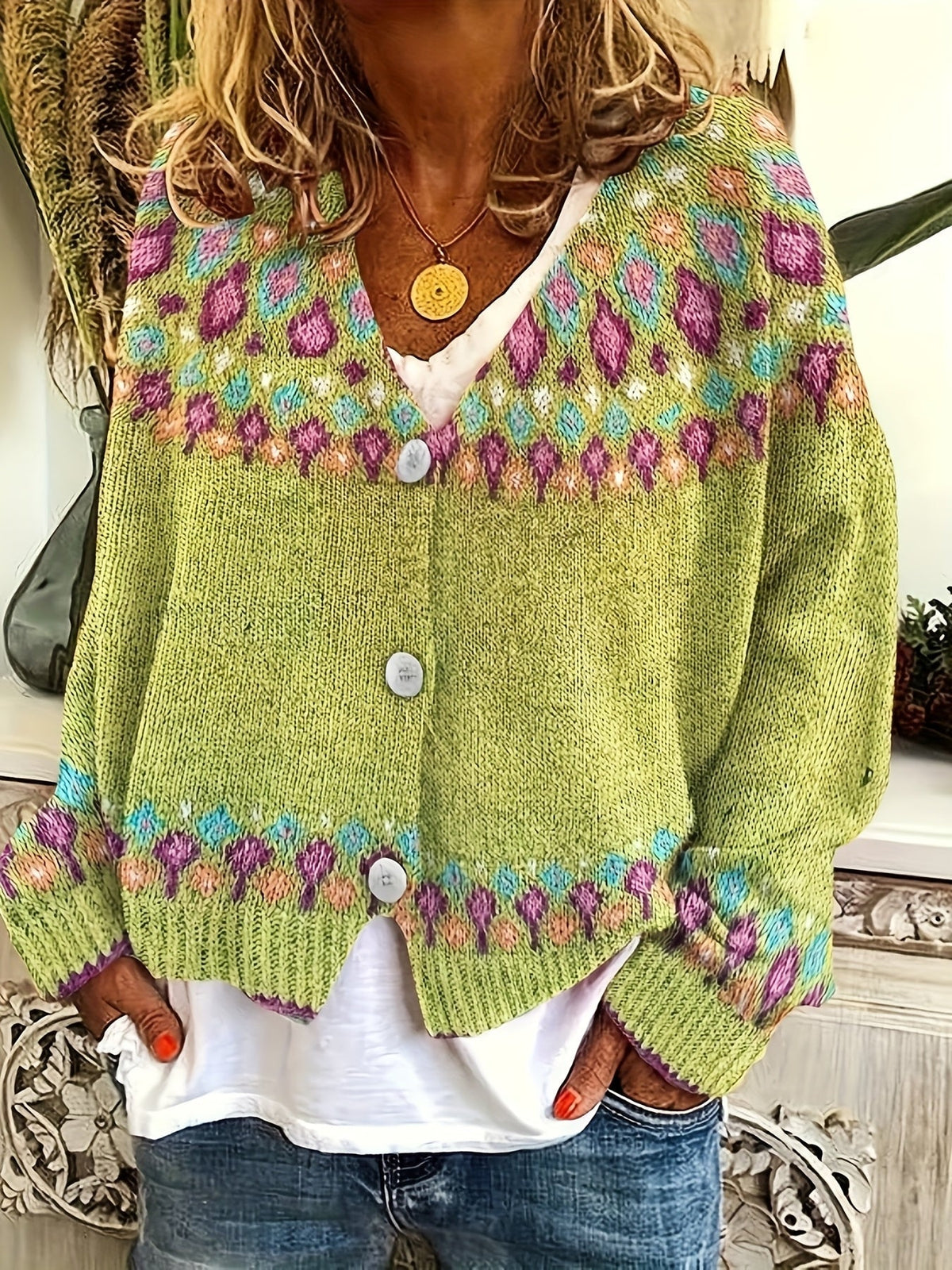 Esme | Women's Nordic Patterned Cardigan - Button Front V-Neck