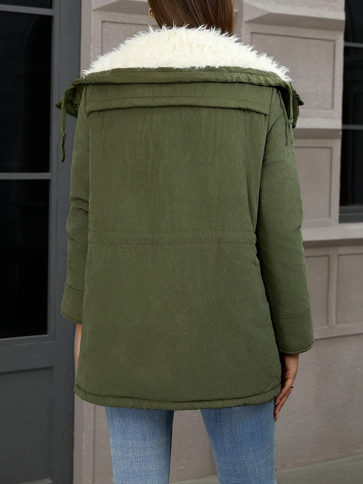 Carolyn | Women's Mid-Length Parka - Fold-Over Collar Drawstring Waist