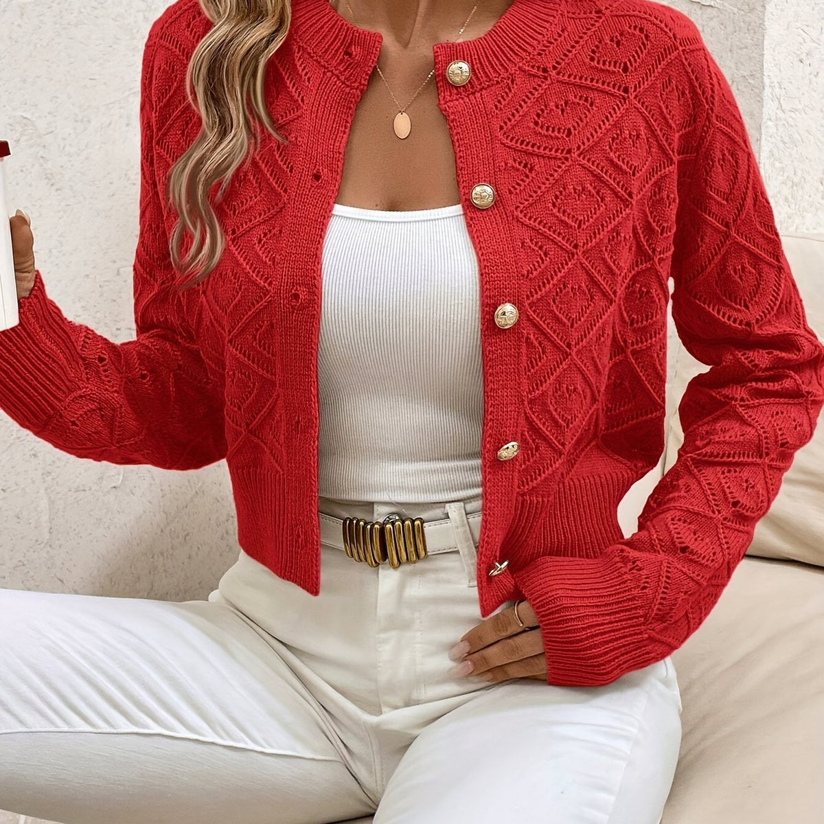 Della | Women's Cropped Cardigan - Diamond Textured Button Front