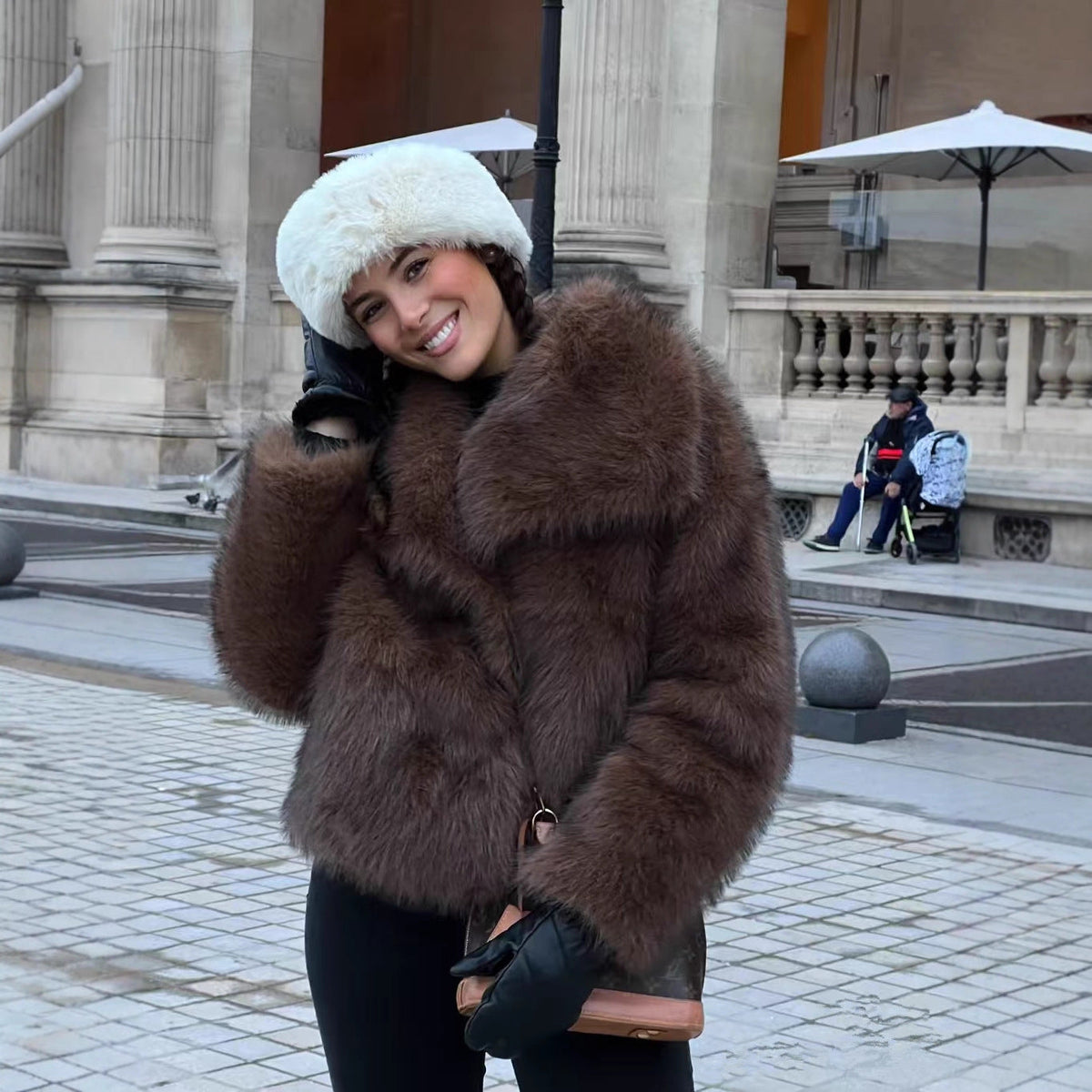 Adaline | Women's Cropped Faux Fur Jacket - Shawl Collar