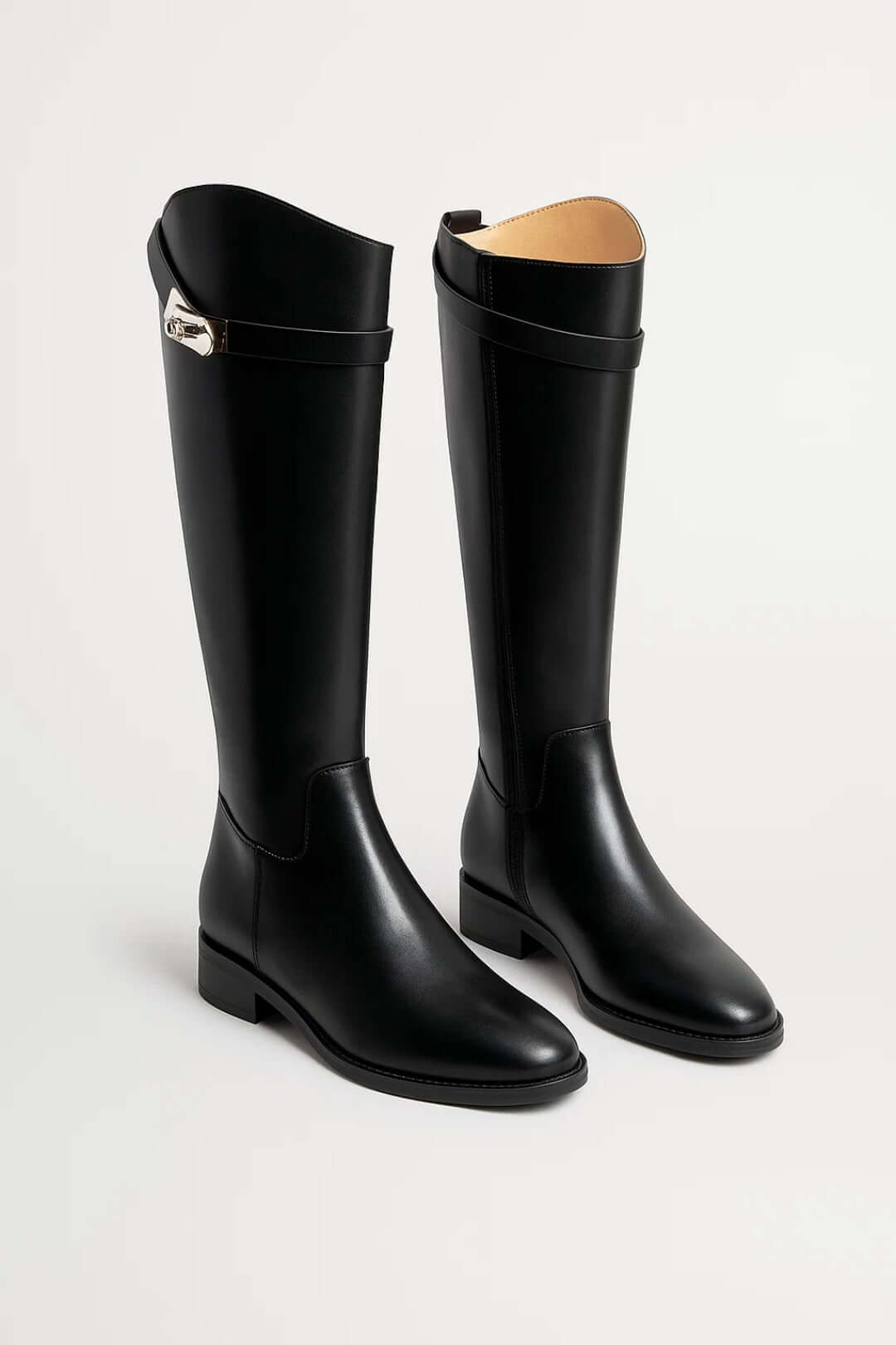 Aura | Women's Leather Knee High Boots - Flat Long Strap Clasp