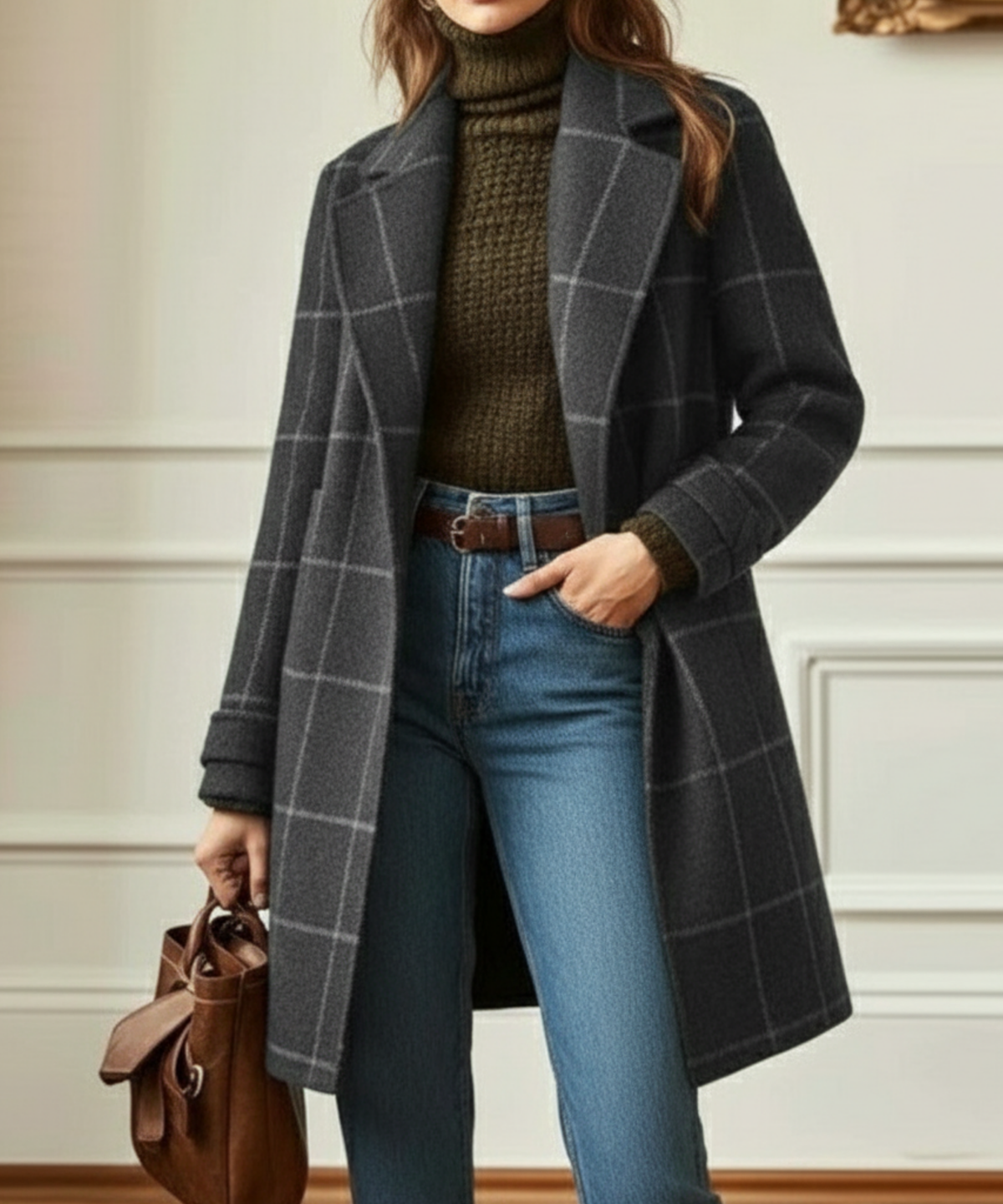Beatrix | Longline Wool Coat with Printed Tweed and Wide Lapels