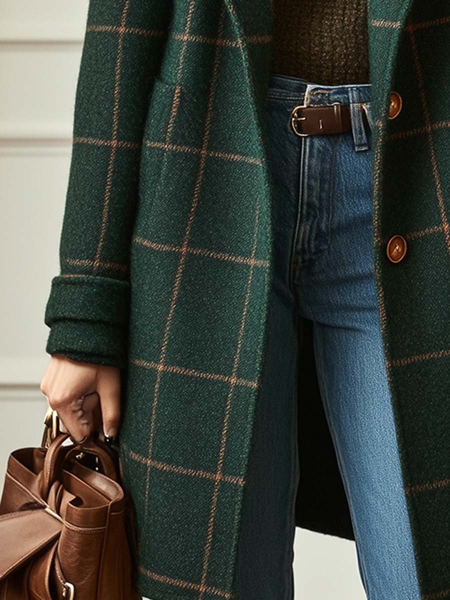 Beatrix | Longline Wool Coat with Printed Tweed and Wide Lapels