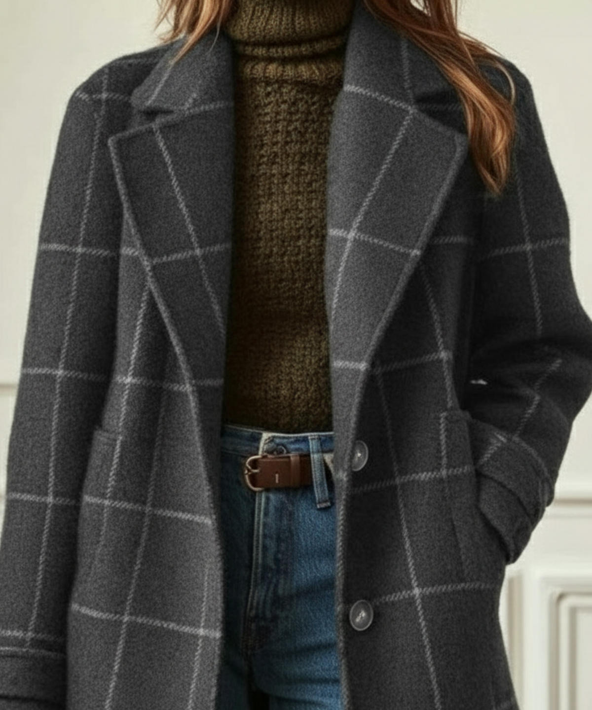 Beatrix | Longline Wool Coat with Printed Tweed and Wide Lapels