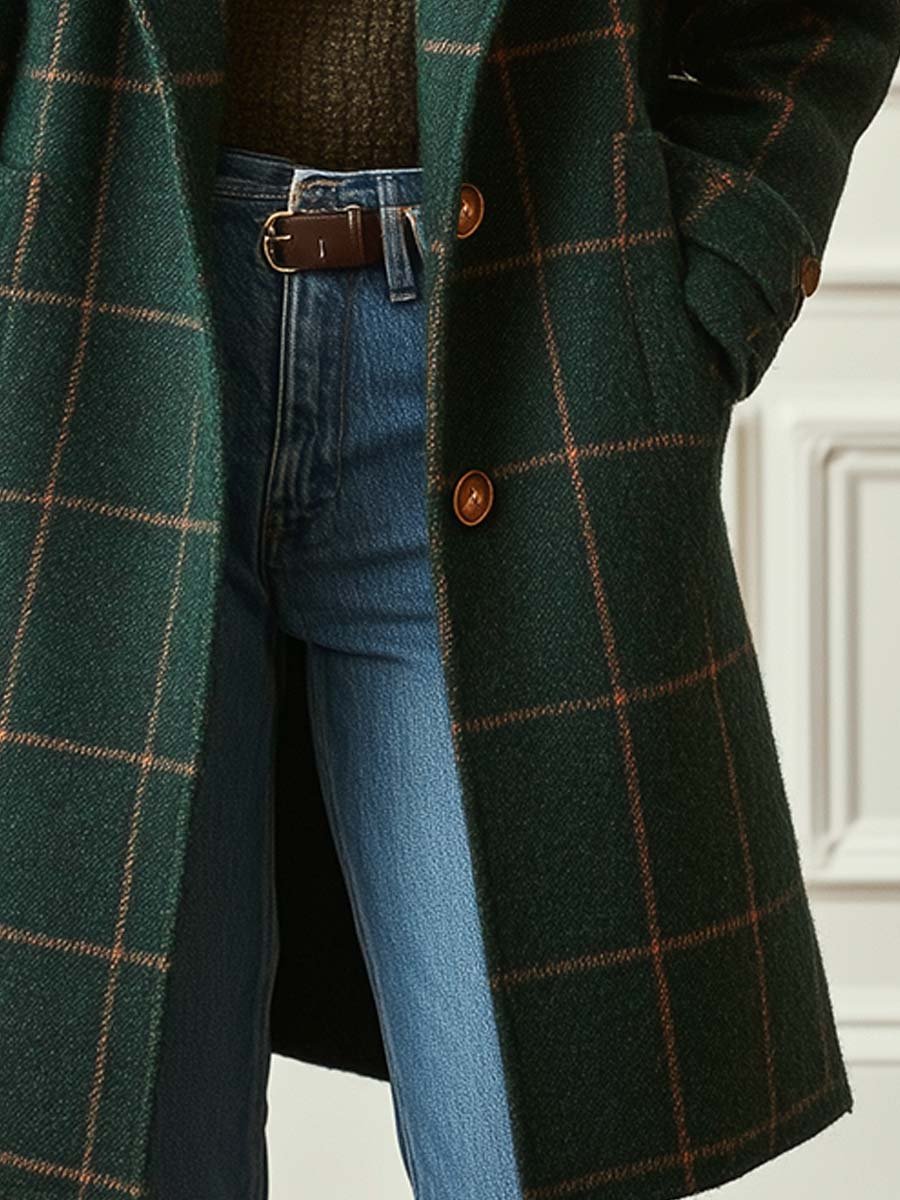 Beatrix | Longline Wool Coat with Printed Tweed and Wide Lapels