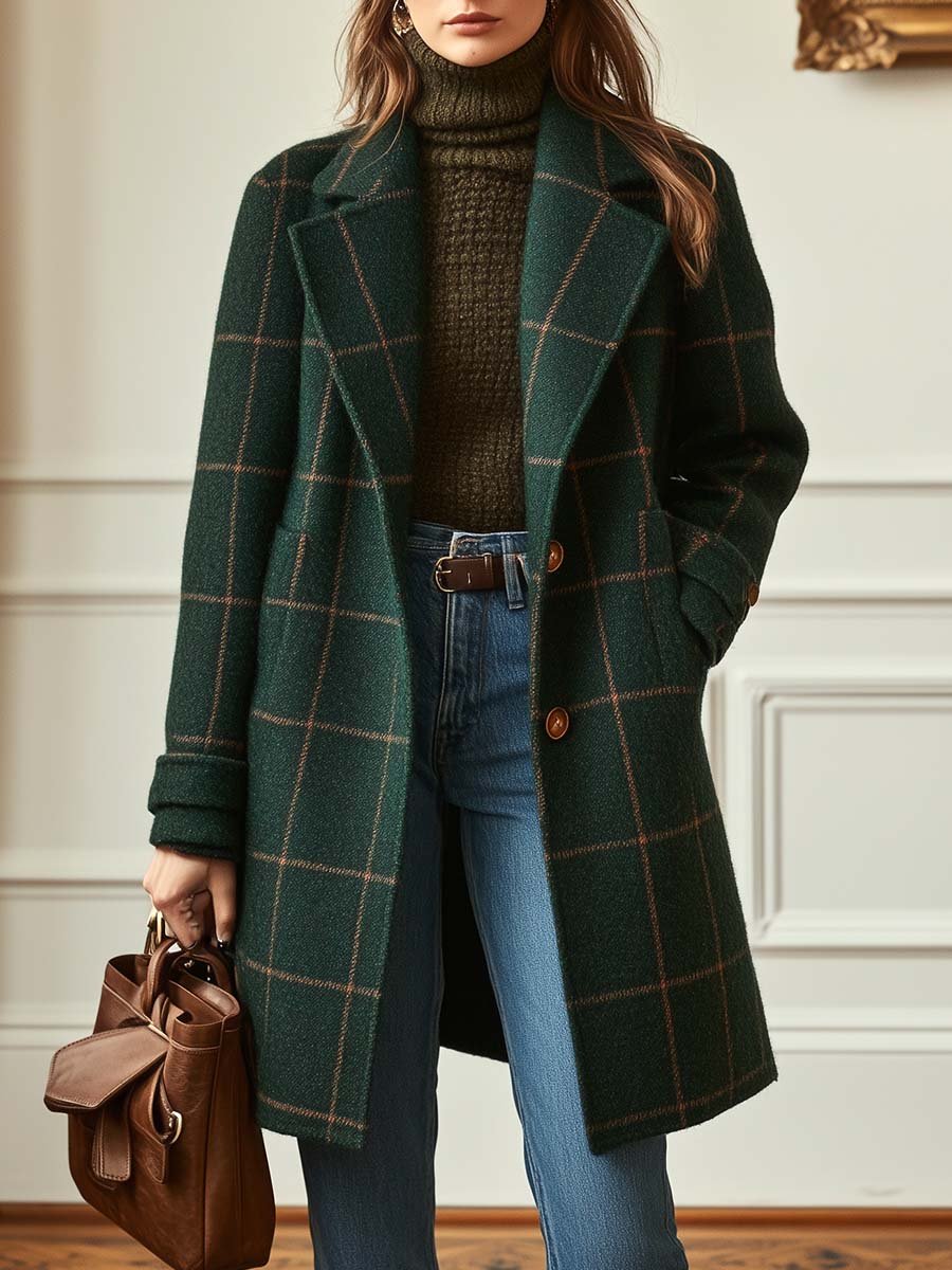 Beatrix | Longline Wool Coat with Printed Tweed and Wide Lapels