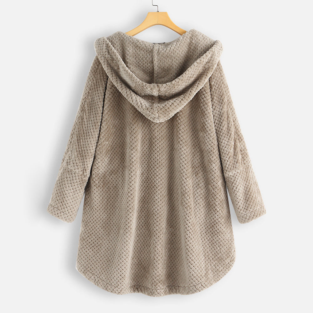 Brynn | Women's Long Waffle Fleece Jacket with Hooded Button Front