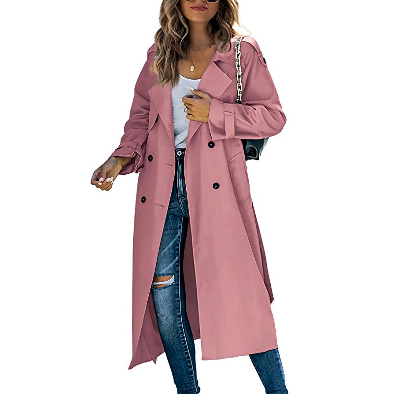 Calla | Women's Long Trench Coat - Double Breasted Belt
