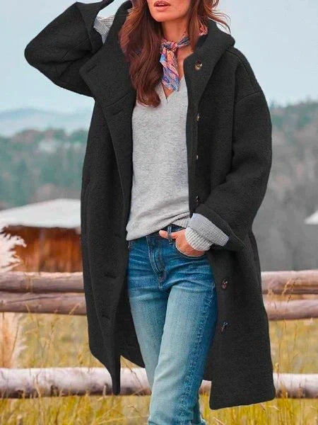 Calla | Women's Long Wool Coat with Hood and Button Front