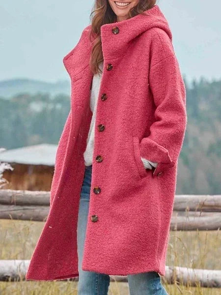 Calla | Women's Long Wool Coat with Hood and Button Front