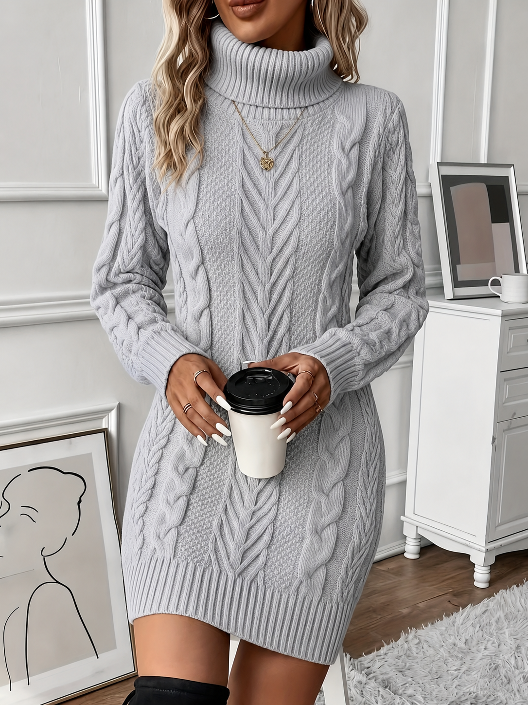Mena | Women's Chunky Cable Knit Turtleneck Sweater Dress