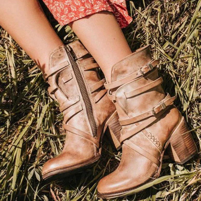 Chloe | Women's Leather Winter Boots - Heeled Wraparound Strap
