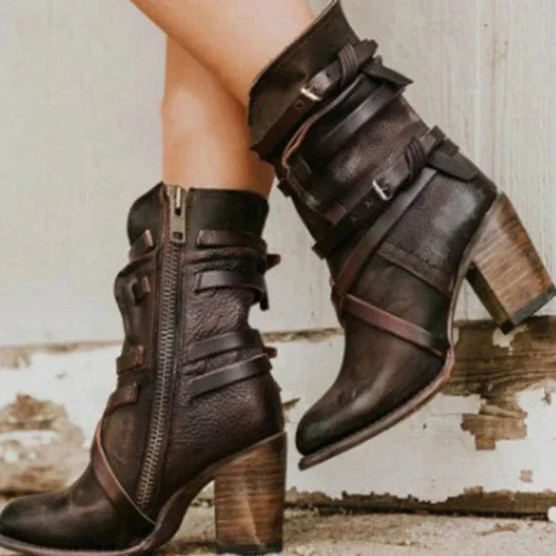 Chloe | Women's Leather Winter Boots - Heeled Wraparound Strap