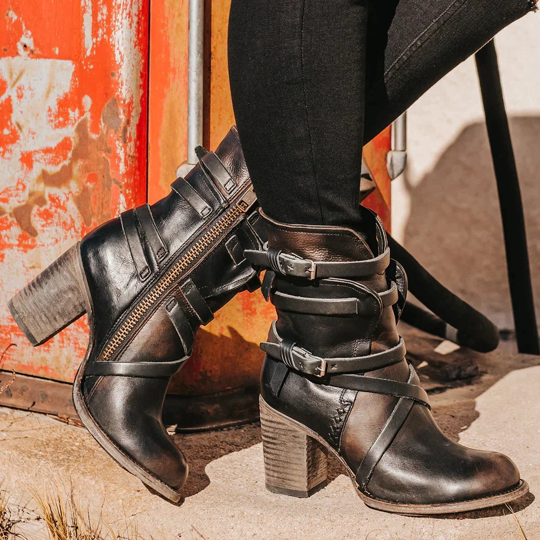 Chloe | Women's Leather Winter Boots - Heeled Wraparound Strap
