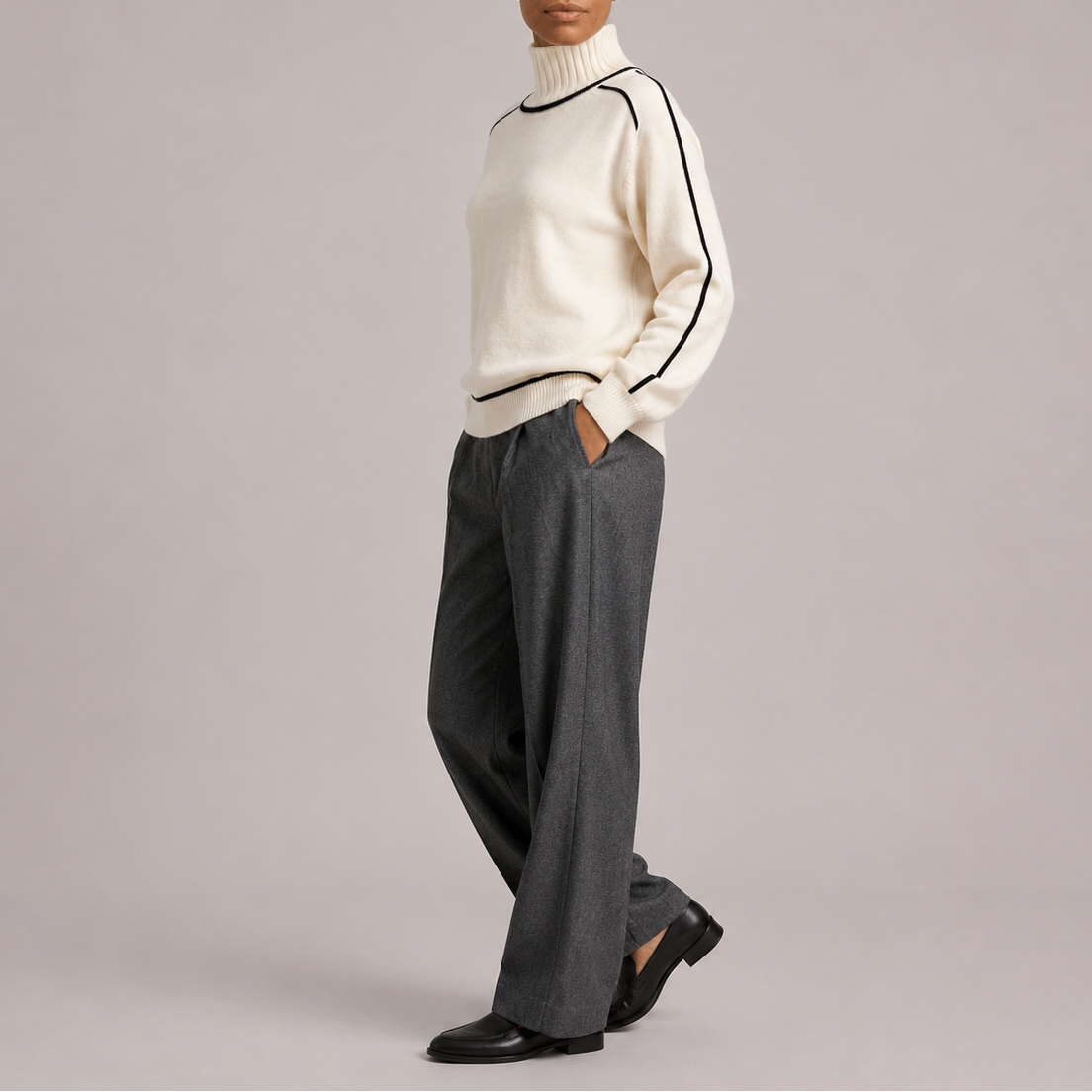 Colette | Knit Turtleneck Sweater with Contrast Trim and Ribbed Cuffs