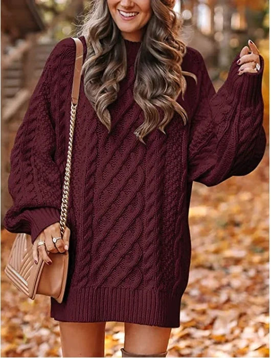Ilse | Women's Oversized Cable Knit Sweater Dress - Puff Sleeve