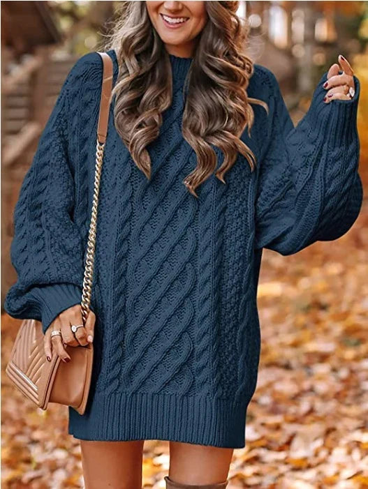 Ilse | Women's Oversized Cable Knit Sweater Dress - Puff Sleeve