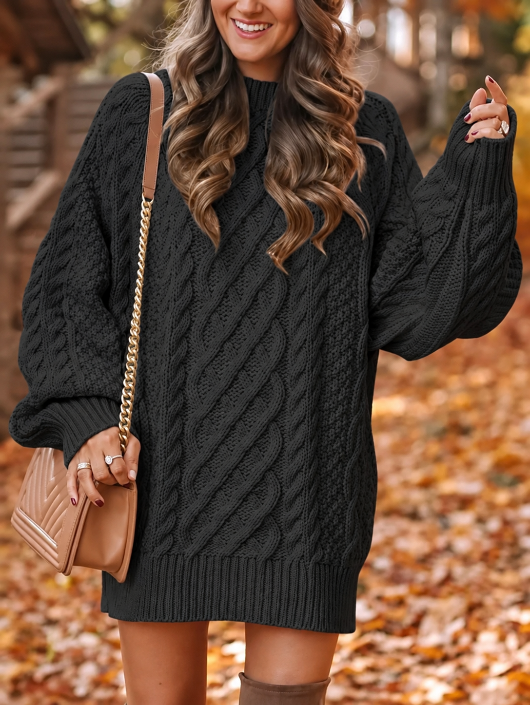 Ilse | Women's Oversized Cable Knit Sweater Dress - Puff Sleeve