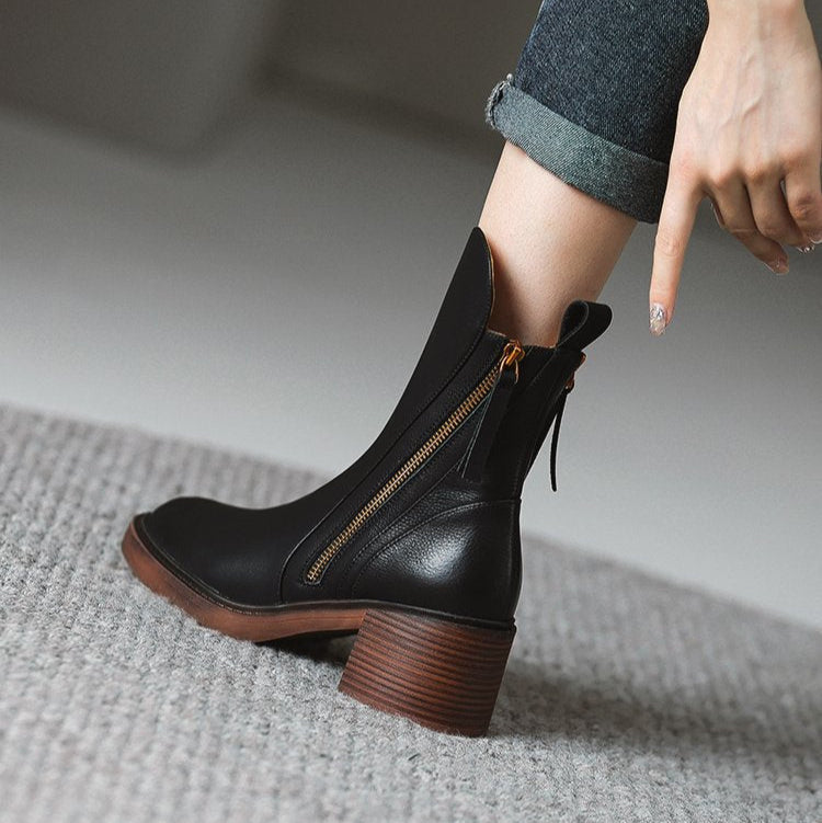 Selene | Women's Leather Ankle Boots - Heeled Zip
