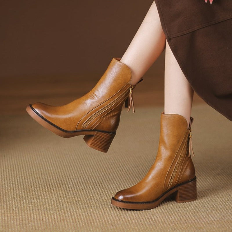 Selene | Women's Leather Ankle Boots - Heeled Zip