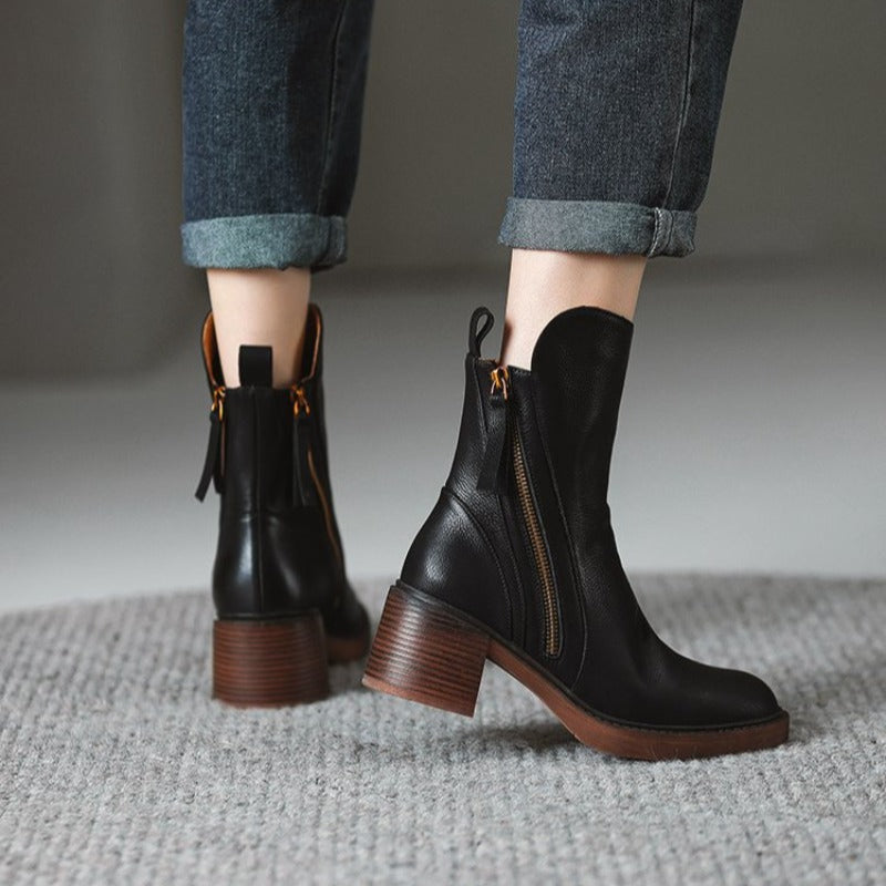 Selene | Women's Leather Ankle Boots - Heeled Zip