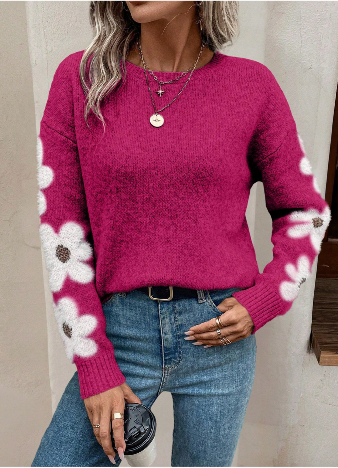 Emma | Cozy Floral Crew Neck Oversized Sweater with Fuzzy Appliques
