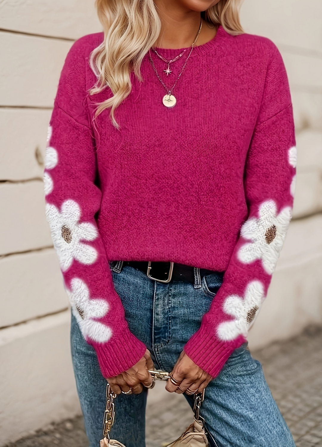 Emma | Cozy Floral Crew Neck Oversized Sweater with Fuzzy Appliques