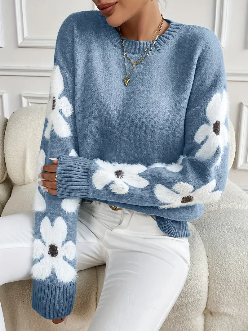 Emma | Cozy Floral Crew Neck Oversized Sweater with Fuzzy Appliques