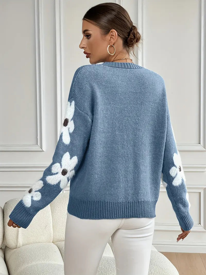 Emma | Cozy Floral Crew Neck Oversized Sweater with Fuzzy Appliques