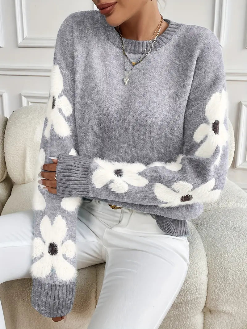Emma | Cozy Floral Crew Neck Oversized Sweater with Fuzzy Appliques
