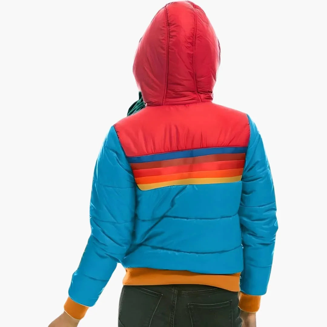 Everly | Bold Colorblock Puffer Jacket with Rainbow Stripe Panel