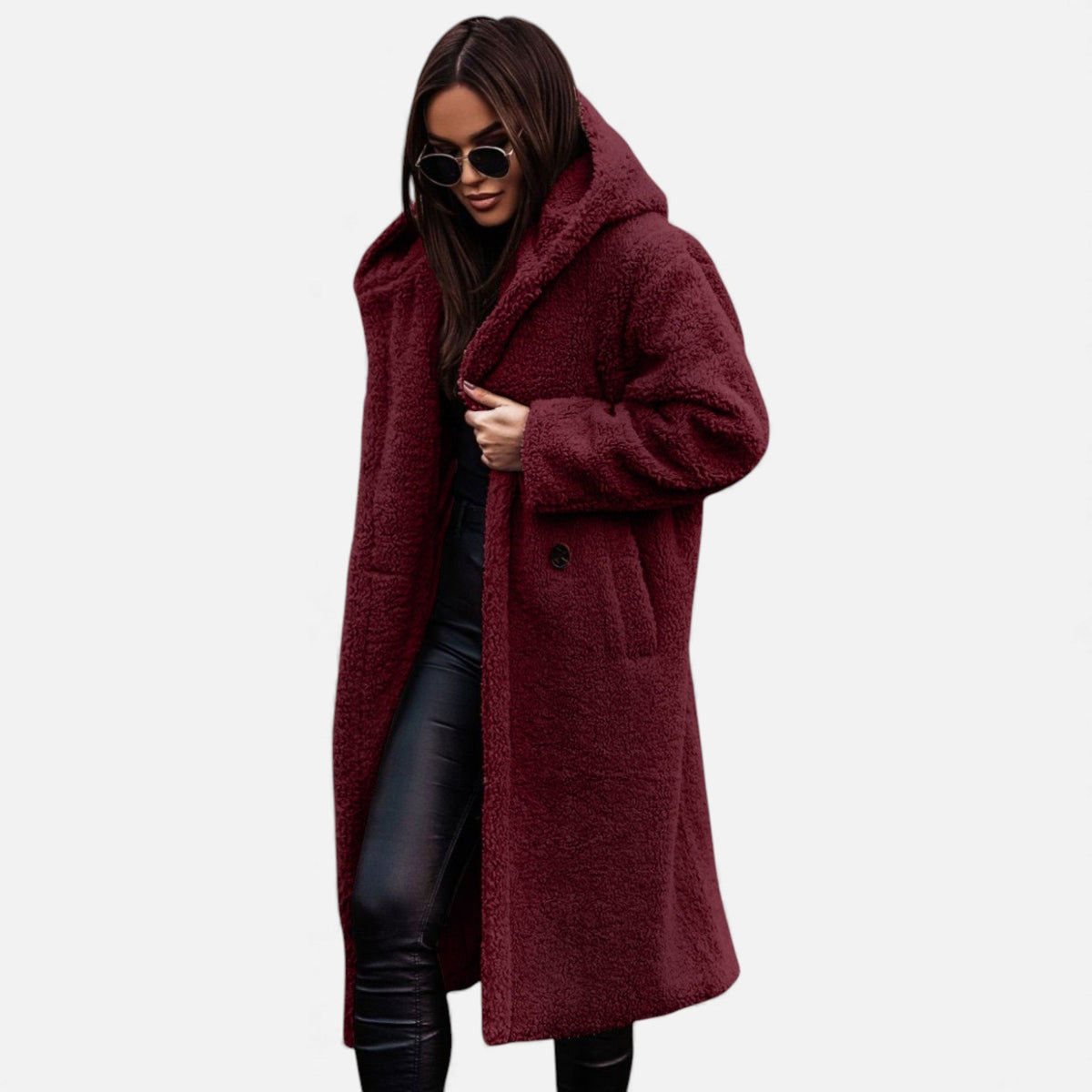Fera | Women's Oversized Long Faux Fur Coat - Hooded Open Front