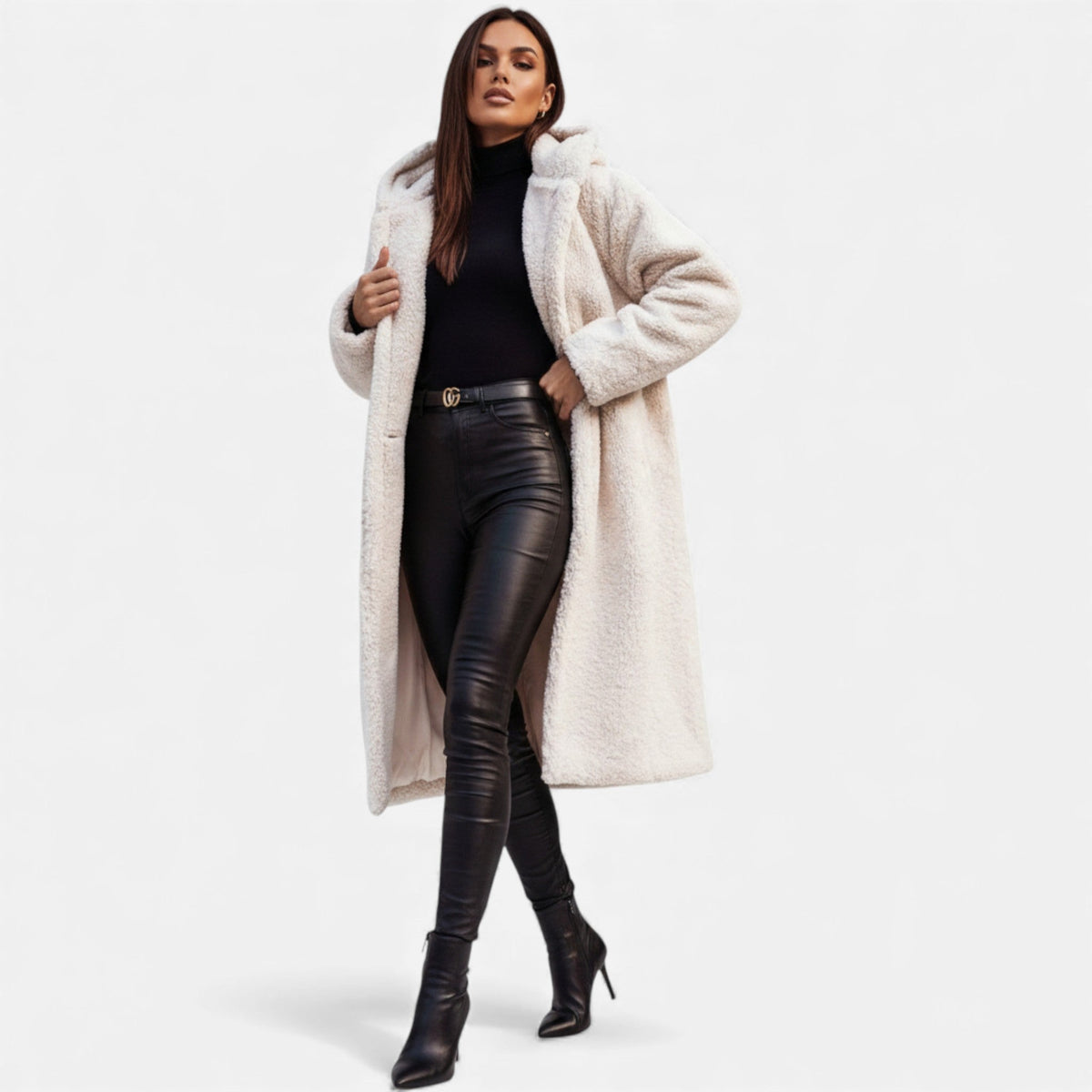Fera | Women's Oversized Long Faux Fur Coat - Hooded Open Front