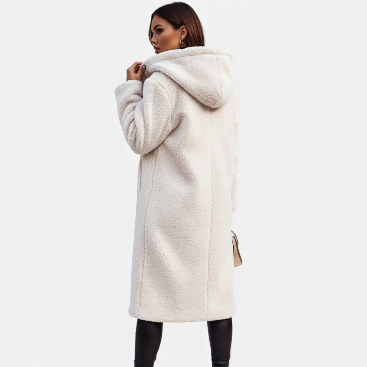 Fera | Women's Oversized Long Faux Fur Coat - Hooded Open Front